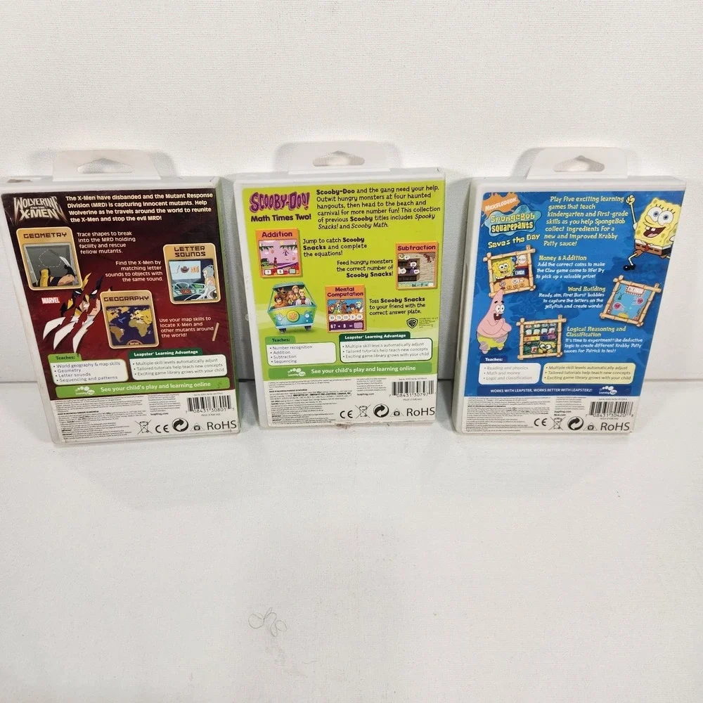 Leapster LeapFrog Lot Of 3 Cartridges Wolverine Xmen/ Scooby-Doo/ SpongeBob